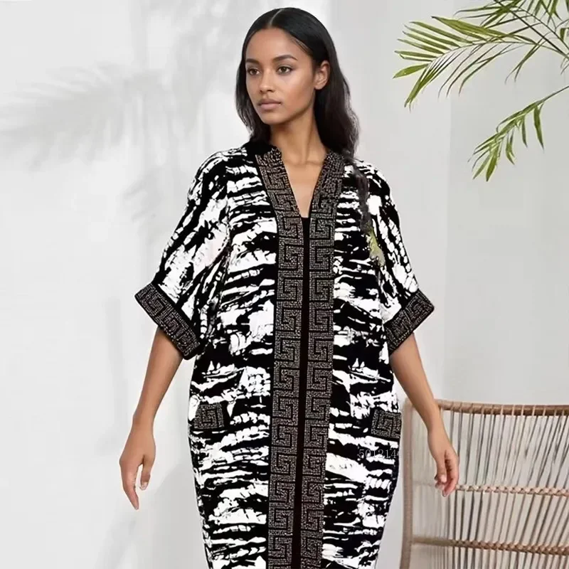 

Women's Middle Eastern Bubu Printed Diamond-Studded Loose Muslim Dress African Summer Fashion with Side Pockets Hot-Selling