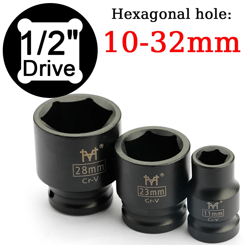 

1/2" Short Impact Socket Adopter Air Sockets 6 Point Hexagonal hole 10mm-32mm for Electric Impact Air Pneumatic