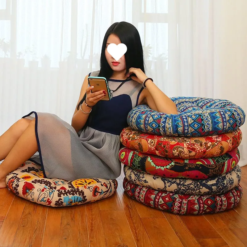 Grand Pouf rond épais en lin d'art populaire de 55cm, pour personnes lourdes, baie vitrée, Tatami, culte de Yoga, coussin de siège et décoration pour maison de thé