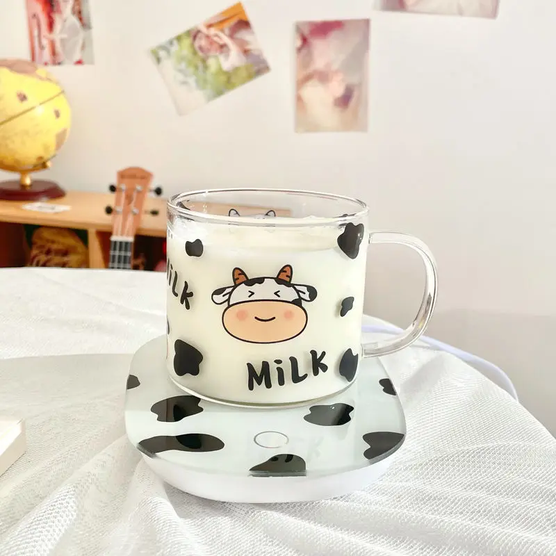 1 pc 400ml  13.5OZ High Borosilicate Beautiful Mugs Glass Cup with Cow Pattern with Spoon Cover Lid  for Student Dormitory drink