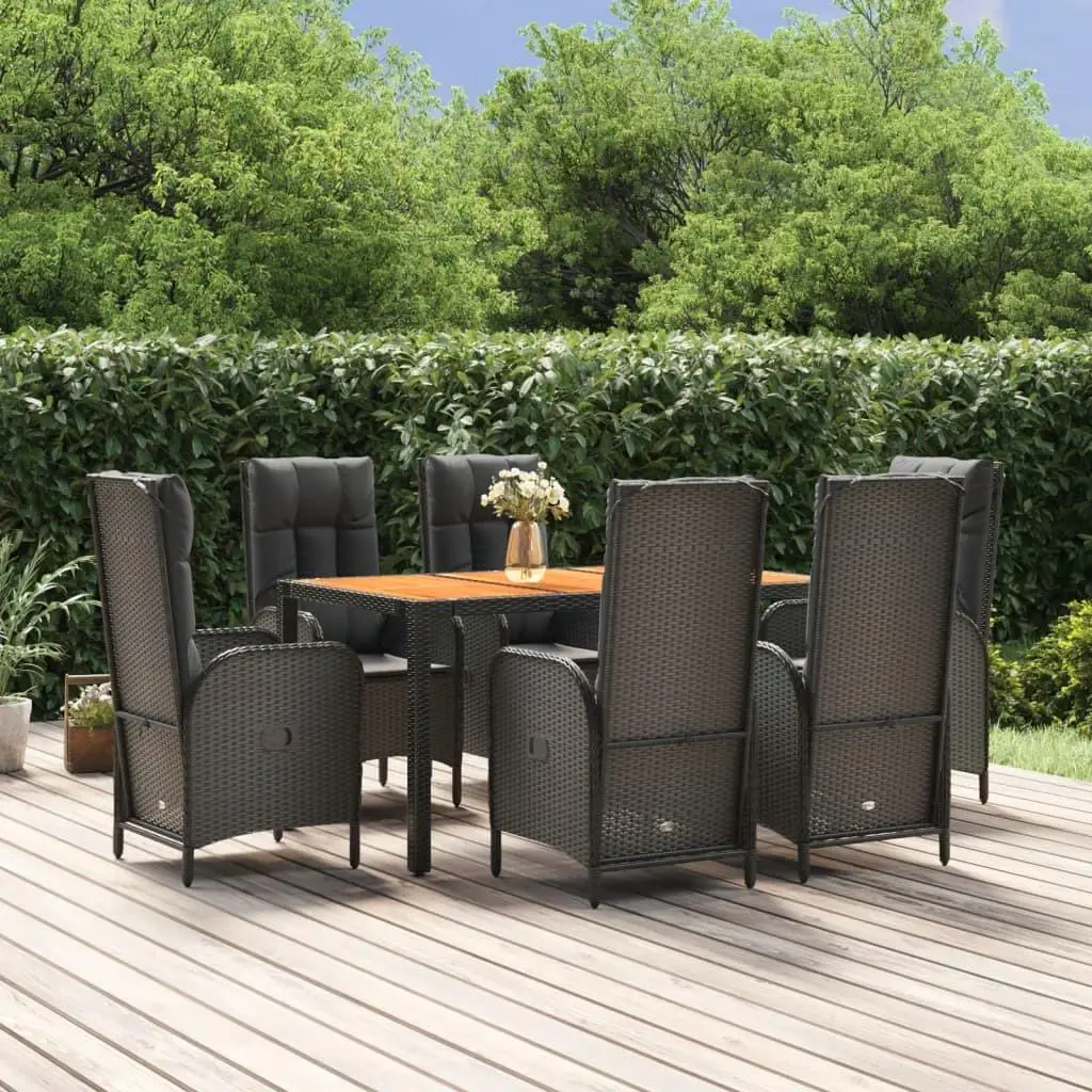 7-Piece Black Poly Rattan Patio Dining Set with Cushions - Stylish Outdoor Furniture Set