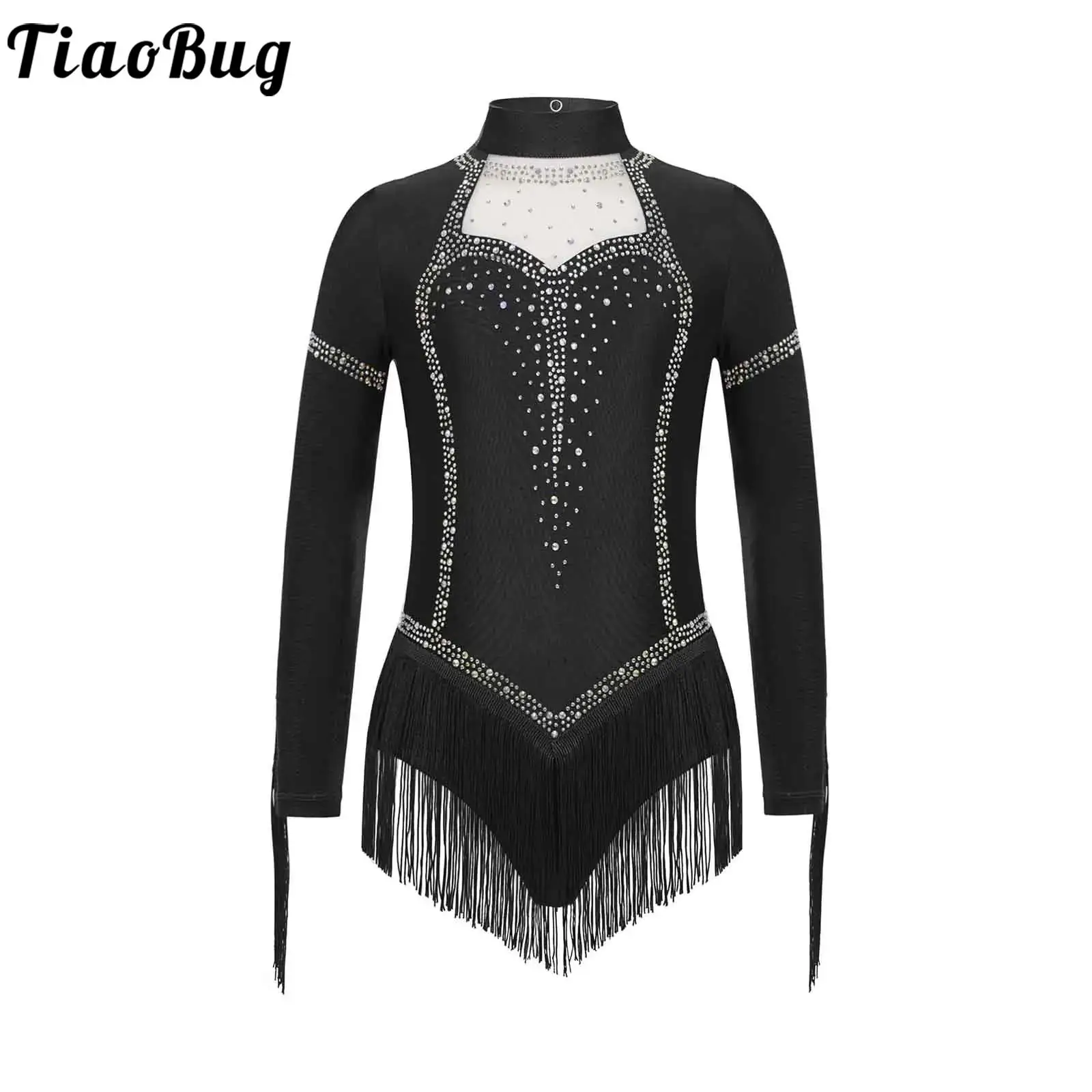 Girls Fringe Latin Ballet Dance Jumpsuit Tango Cha-Cha Costume Long Sleeve Rhinestones Tassels Figure Skating Gymnastics Leotard