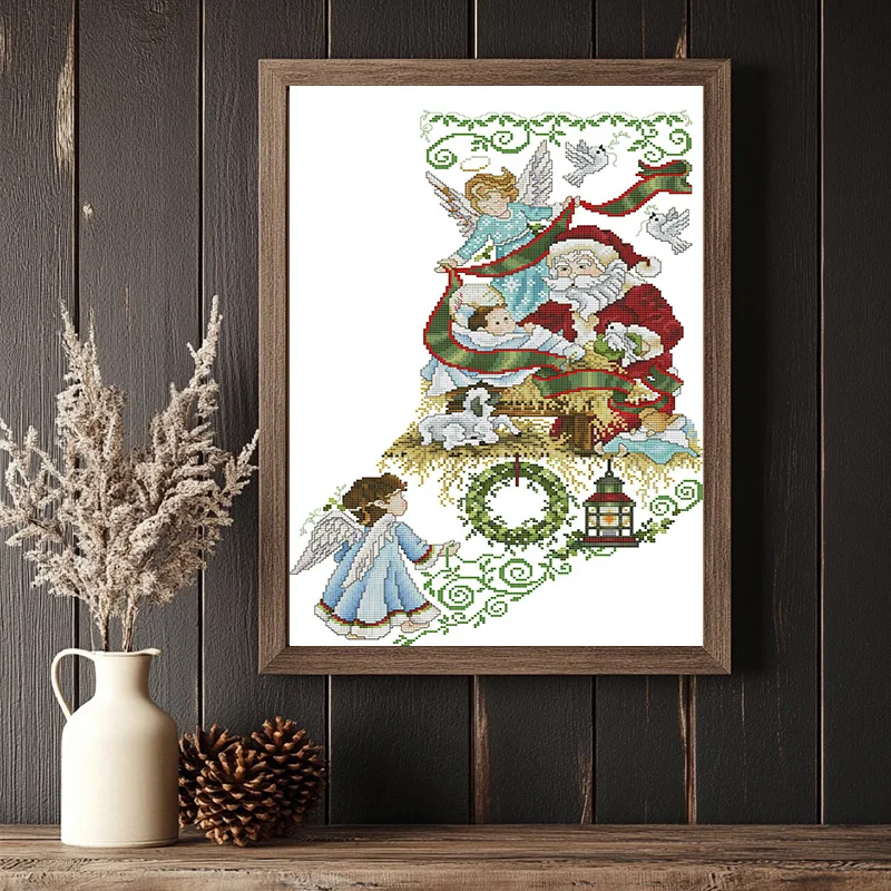 

Soulgift New Pre-Printed Cross Stitch Kit, Stamped 9CT/11CT/16CT DMC Threads, Embroidery kit -Father Christmas and Cherubs 3
