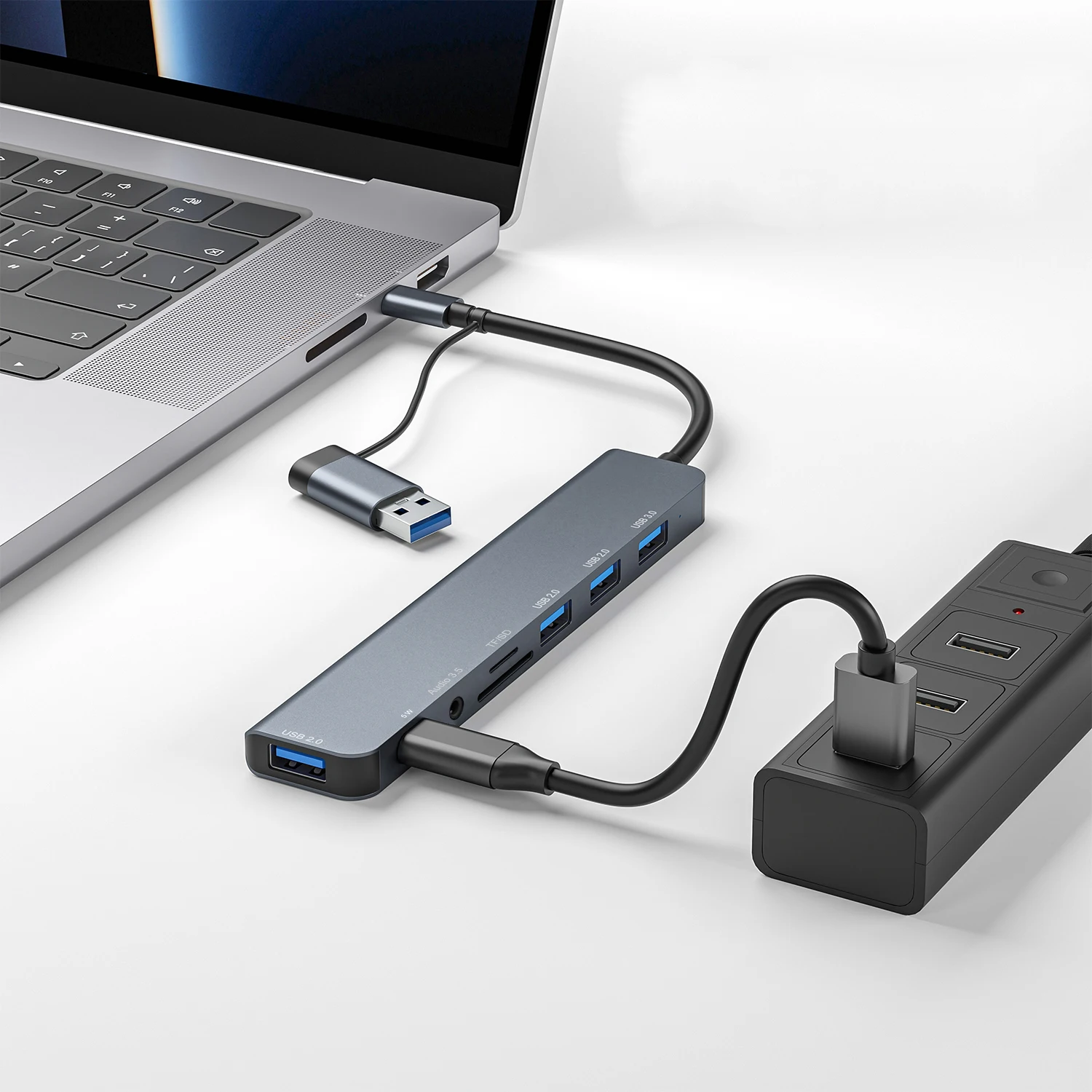 USB C Hub USB 3.0, Aluminum 8 in 1 USB Splitter with 1 X USB 3.0, 3 X USB 2.0 and 1 X USB C, SD/TF Card Reader, 3.5mm Aux Ports