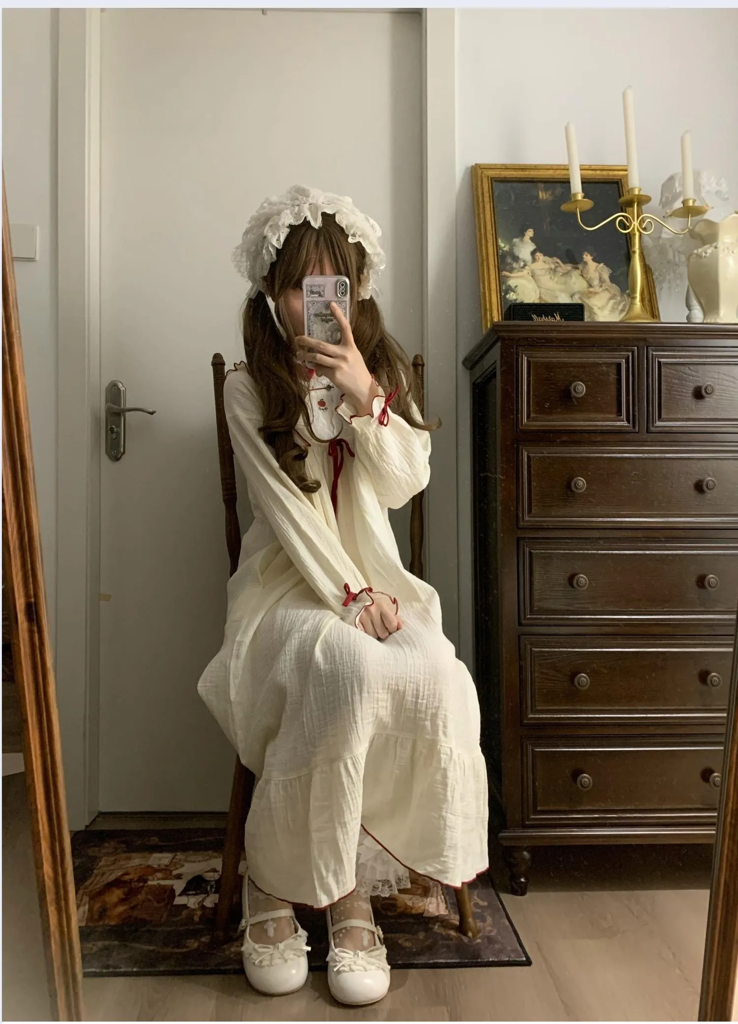Vintage Classic Lolita Nightgown Ruffled Collar Bow Long Sleeve Loose Women Sleep Dress Homewear