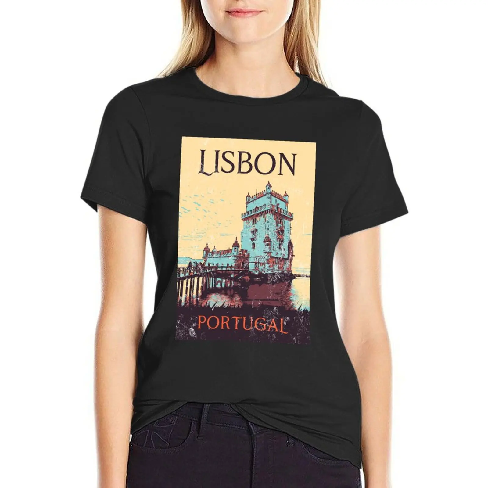 Lisbon Tower of Belem Illustration Iconic Monument Art T-Shirt korean fashion blanks tshirts for Women