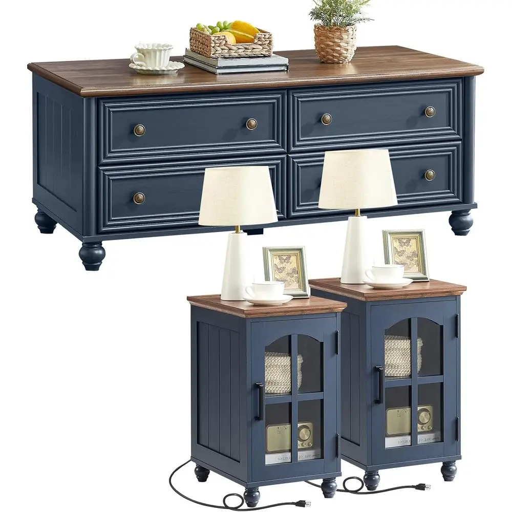 

3-Piece Wooden Coffee and End Table Set with Glass Barn Door Storage, Blue