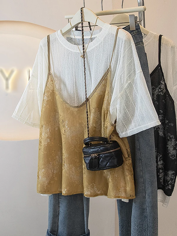 

Fashionable Retro Print Strap Vest Short Sleeve T-Shirt Two-Piece Set Women Summer plus Size Fat MM Meat Covering Top