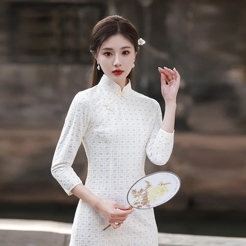 

Sexy Women Mandarin Collar Nine Points Sleeve Cheongsam Elegant Daily Dress Chinese Chiffon Qipao