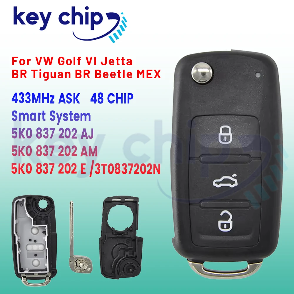 Keyless Go 5K0837202AJ 5K0837202E 3T0837202N Remote Car Key For VW Beetle Eos Golf Jetta Sharan Skoda 434Mhz ID48 Chip