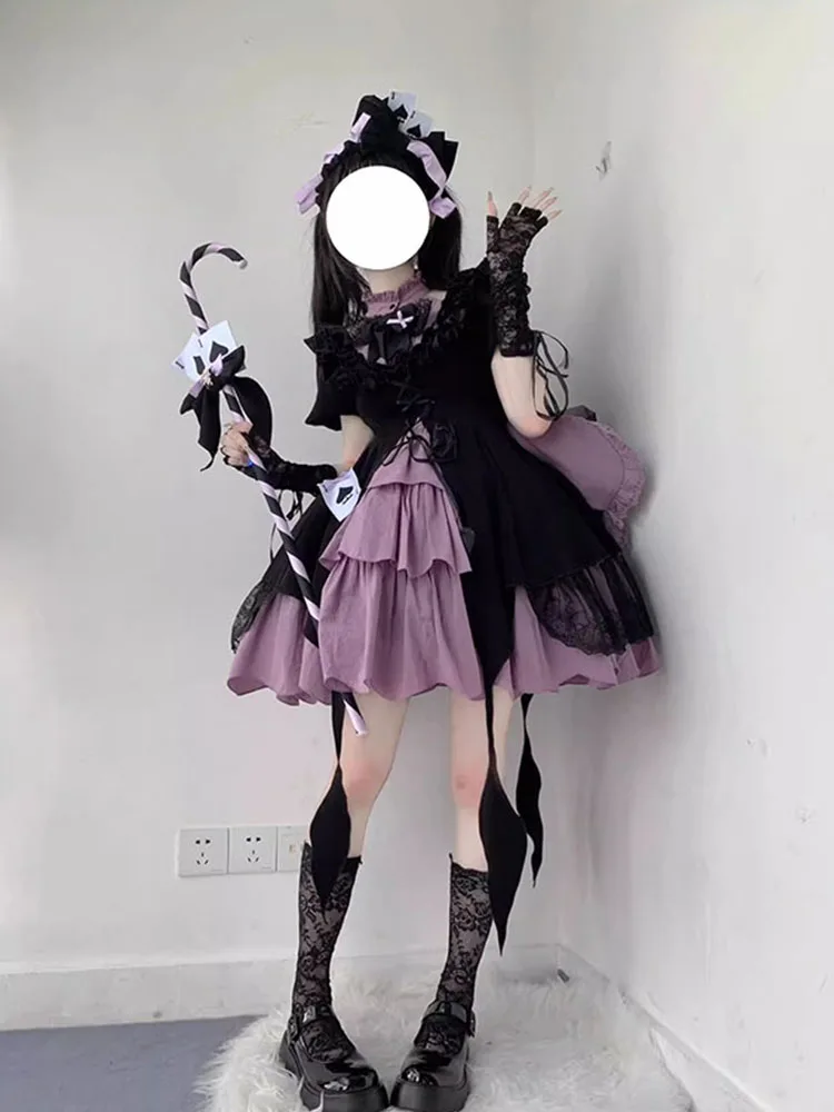 Black Purple Girl Lolita Dress Op High Waist Cute Puffy Trailing