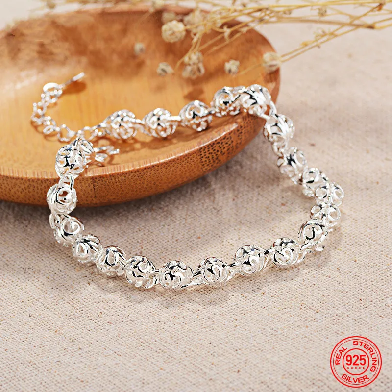 

925 Sterling Silver Hollow Round Ball Bracelet Chain For Women Wedding Jewelry Accessories