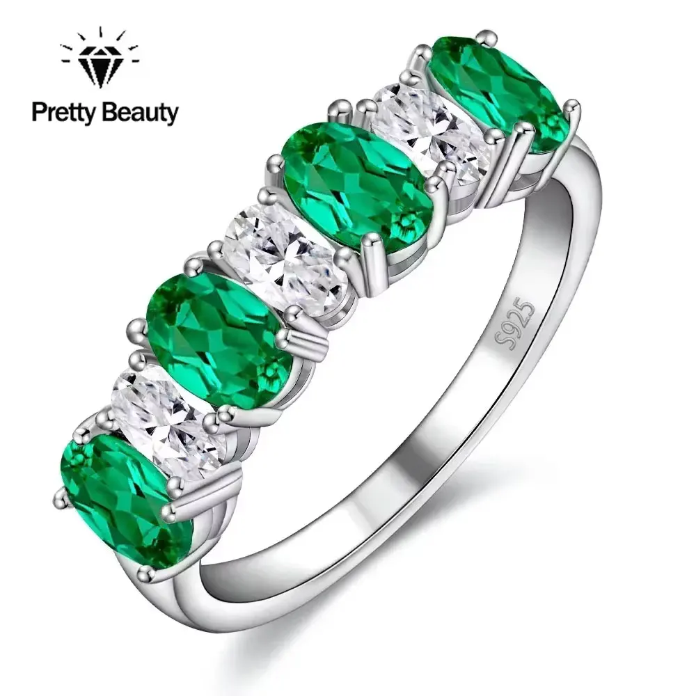 

Pretty Beauty 4*6mm Oval Cut Lab Emerald Gemstone Wedding Band S925 Sterling Silver for Women Moissanite Ring Party Fine Jewelry