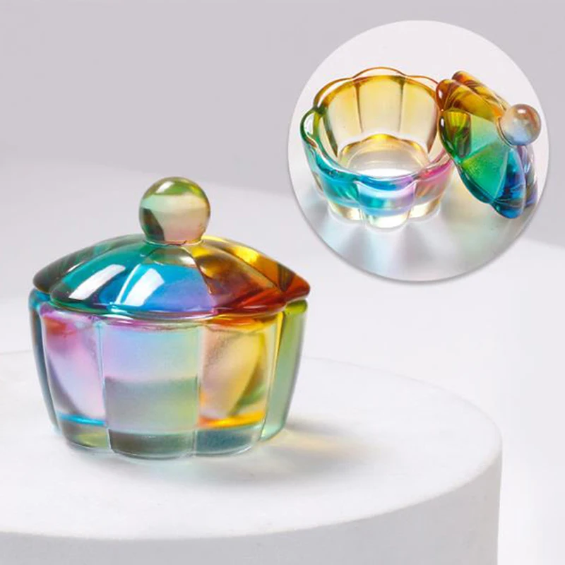 四角いクリスタルクリスタル透明クラウンガラス蓋付きボウルアクリルパウダー、ネイルアートツールキット、液体皿、レインボー、1個