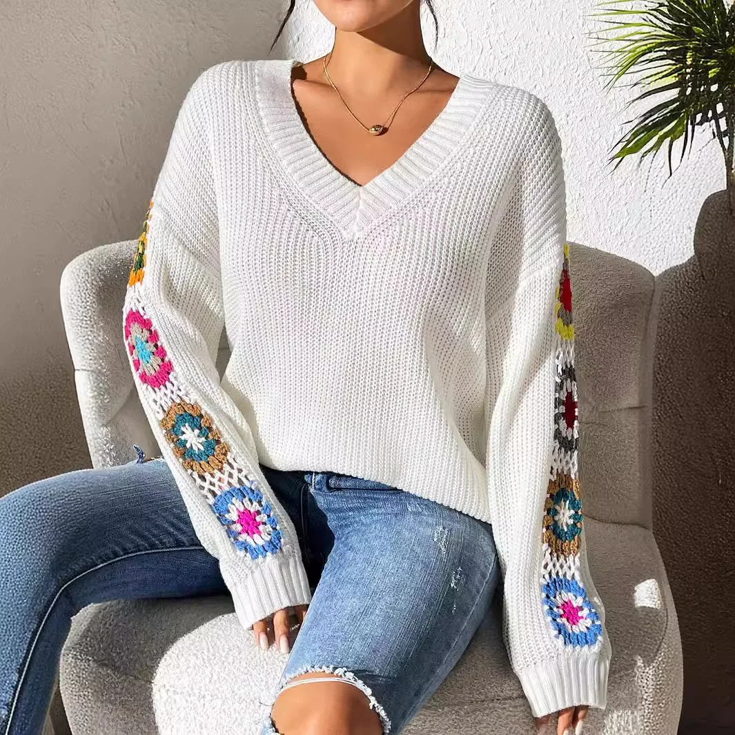 Sexy Off-the-shoulder Knit Sweater Hook Flower Loose Fit Women\'s Clothing Autumn Fashion Knitted Women Pullover Sweater Y2k Tops