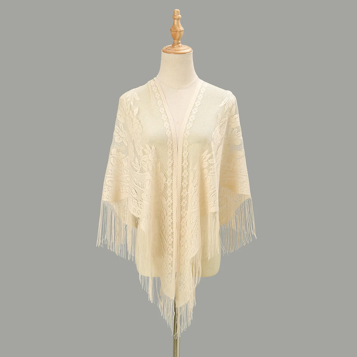 Sexy Lace Flower Hollowed Out See Through Shawl Bride's Bridesmaid Evening Party Cheongsam Shawl Tassel Scarf  Beige