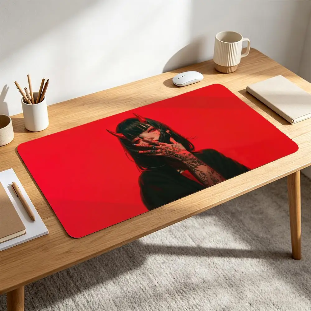 Rebellious Gaming Mouse Pad Heavy‑Duty Anti‑Slip Base Dark Gothic Devil Horn Tattoo Anime Girl Red Backdrop mousepad anime