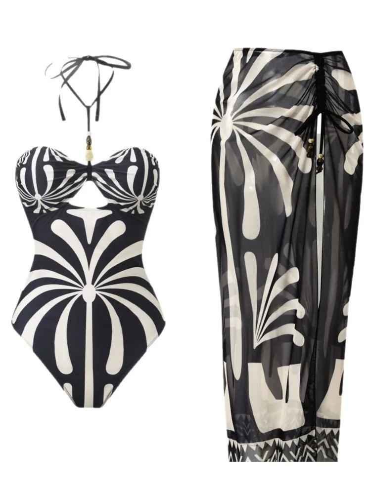 

Ретро-бикини с принтом, модный раздельный купальник и накидка с юбкой, облегающий женский комплект с бандажными элементами, летний пляжный, роскошный, элегантный.