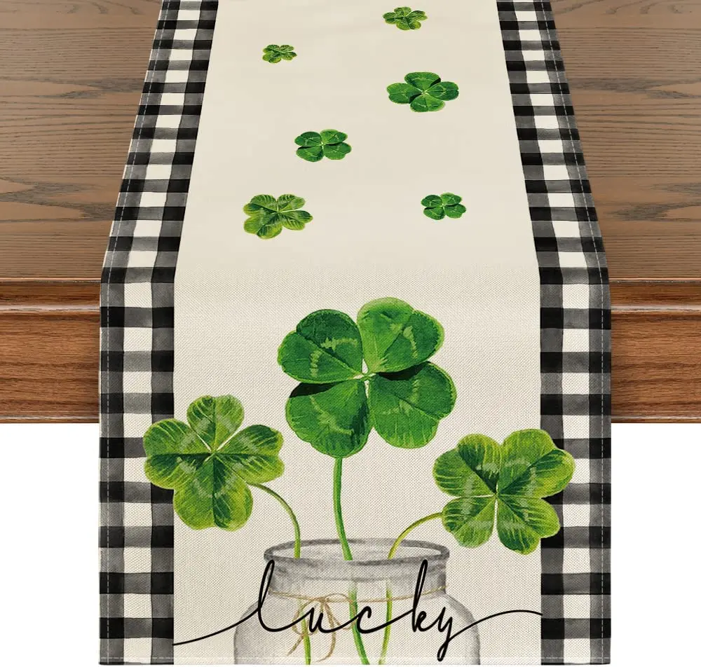 

Plaid Green Gnome Table Runner St. Patrick's Day Holiday Cover Table Runner Dinner Home Party Decoration Spring