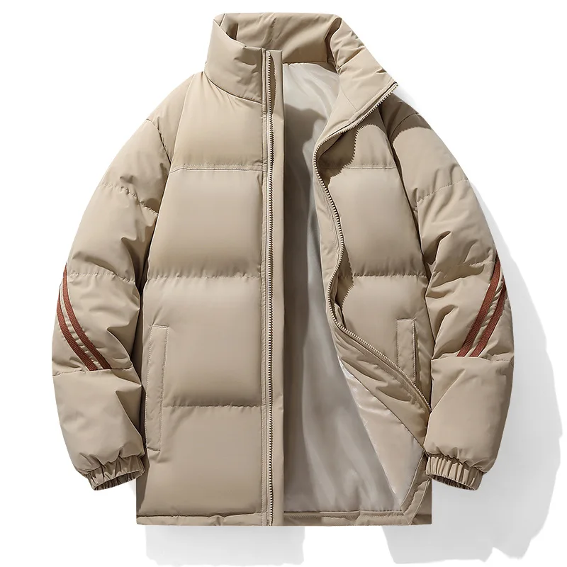 KIDWHXR Jacket Man Winter Thicken Warm Striped Stand Collar Zipper Men Parkas Coat Loose Long Sleeve Male Casual Outerwear