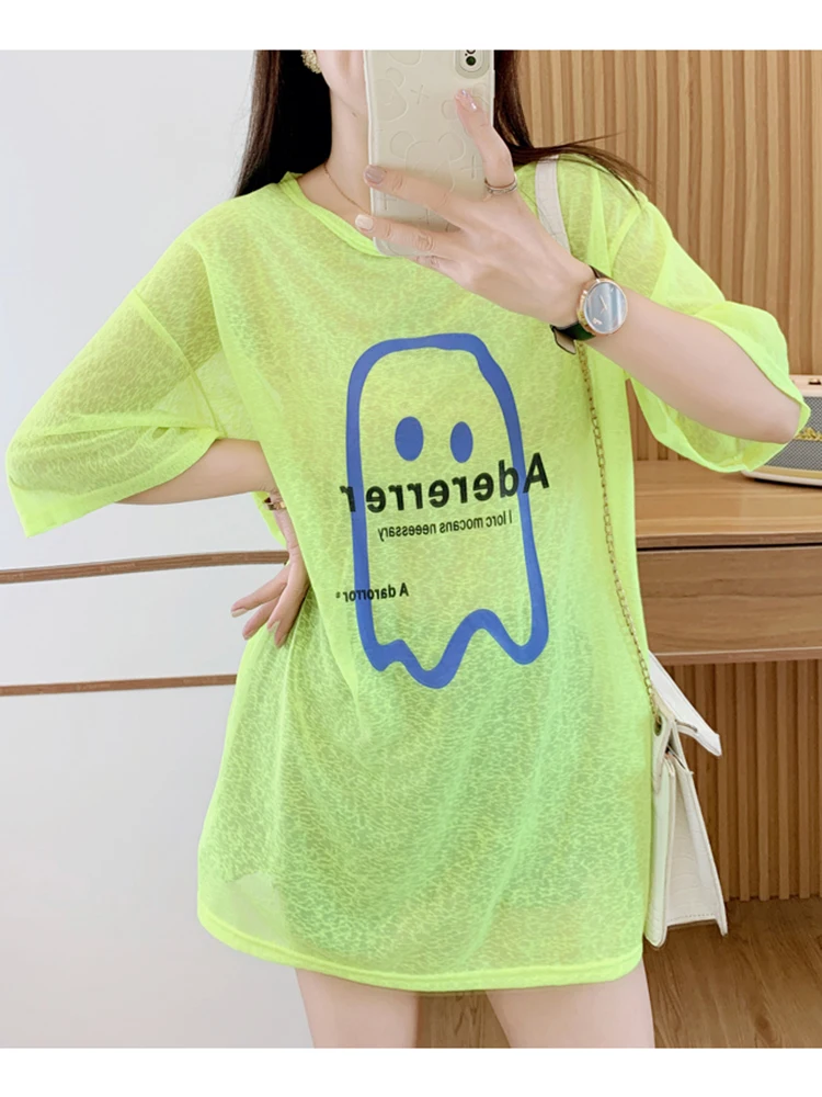 2025 Real Shot Plus Size Women's Sun Protection Shirt Women's Summer New Yellow White Casual Thin Short Sleeved T-shirt Top B18