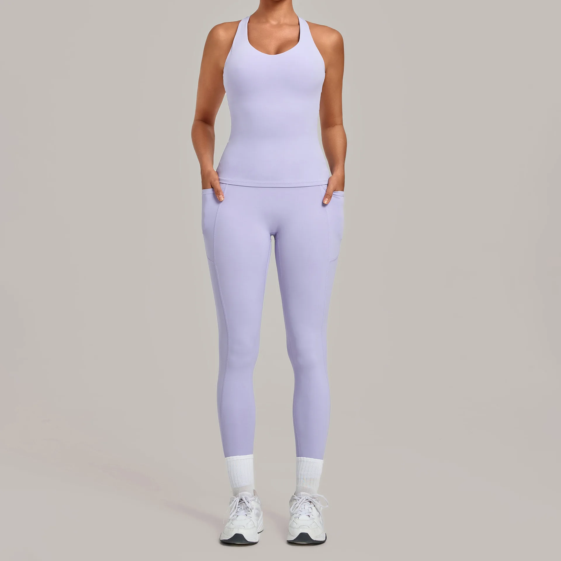 Gym Workout Women's Activewear Tank Top Yoga Sets with Side Pockets Tight Pants Two-piece Outfit for Outdoor Running and Fitness