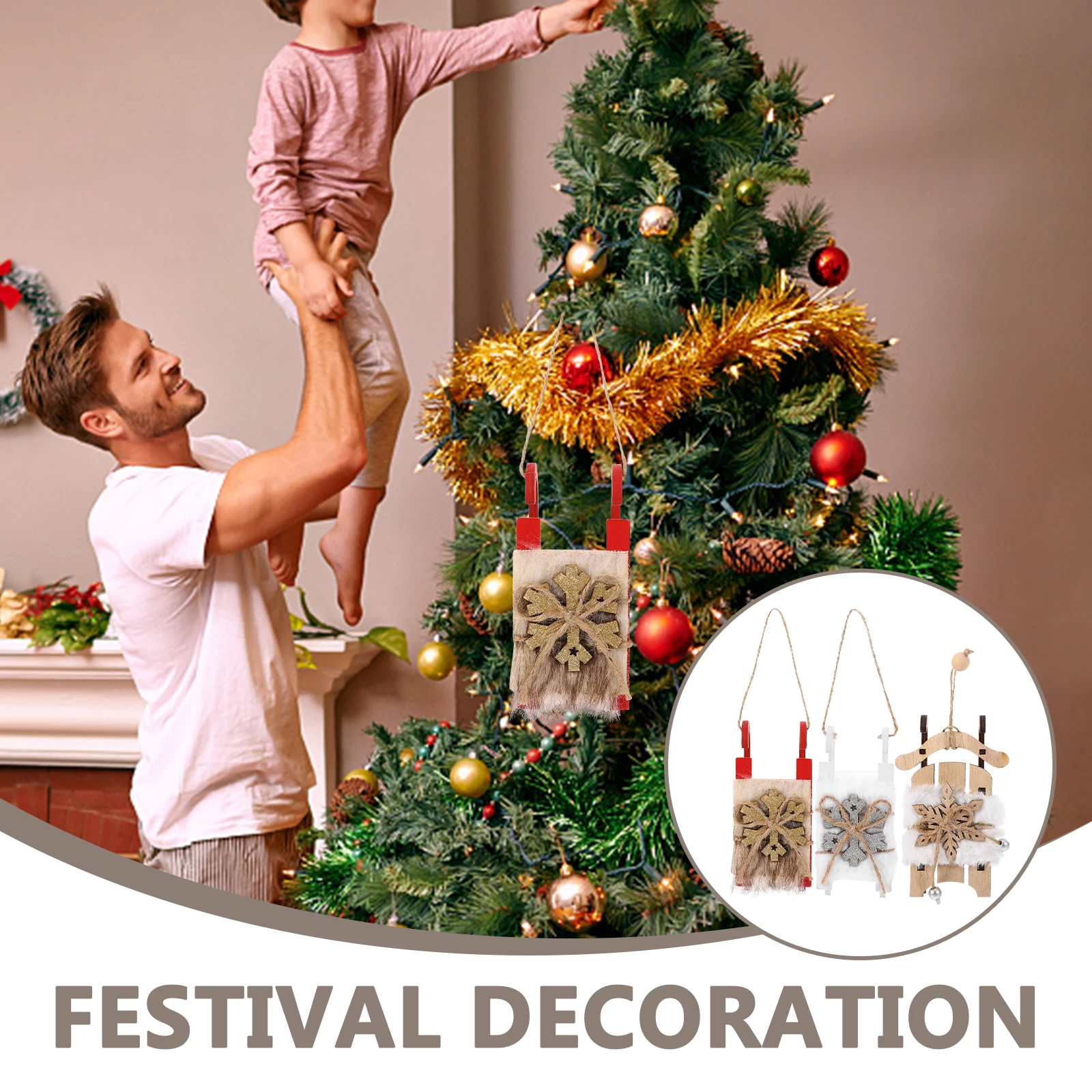 

3 Pcs Christmas Tree Ornaments Wooden Sleigh Decorations White Flocking Snowflake Sled Pendant Indoor Xmas Gift Holiday Santa