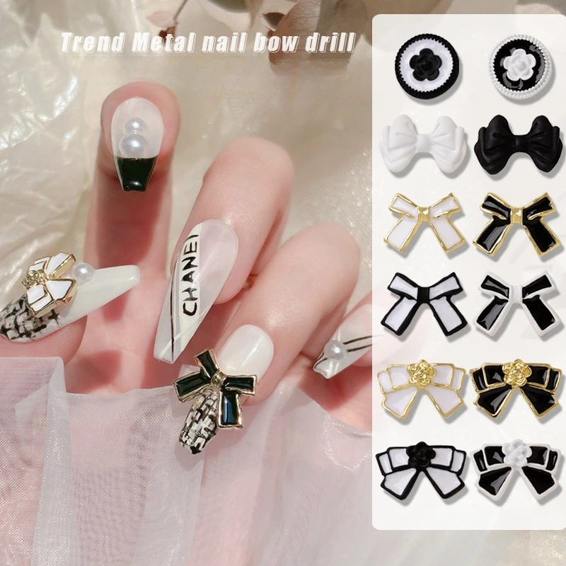10Pcs Camellia Bow Alloy Nail Charms Japanese Style Black Metal Rhinestone Ornaments DIY Nail Art Manicure Decor Set view 4