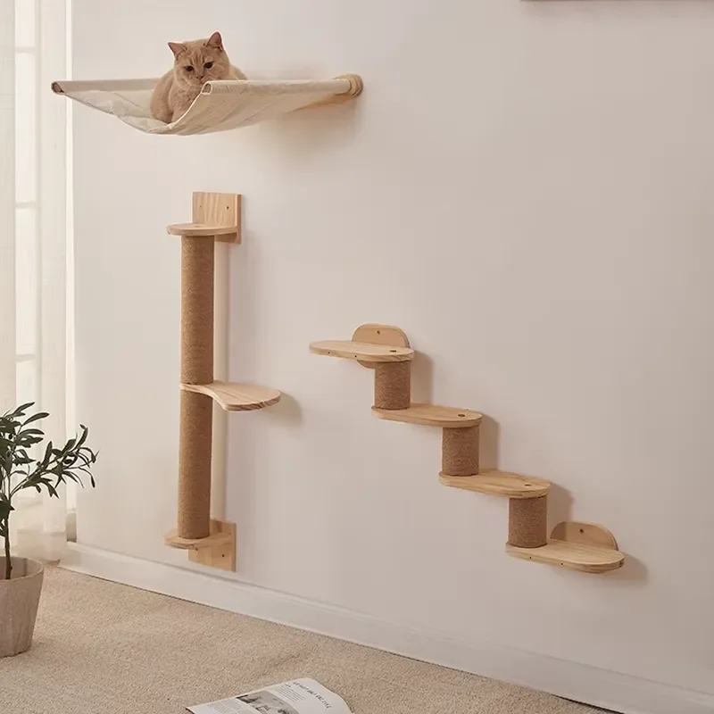 Luxury Large Cat Tree Minimalist Wooden Pet House with Scratching Posts Wall Steps Interactive Sports Toy for Cats