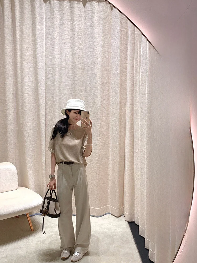 

Summer Love Silk Cotton Denim Pants High Waist Wide Leg Commute Style Pure Color Comfortable Fit Women's Jeans