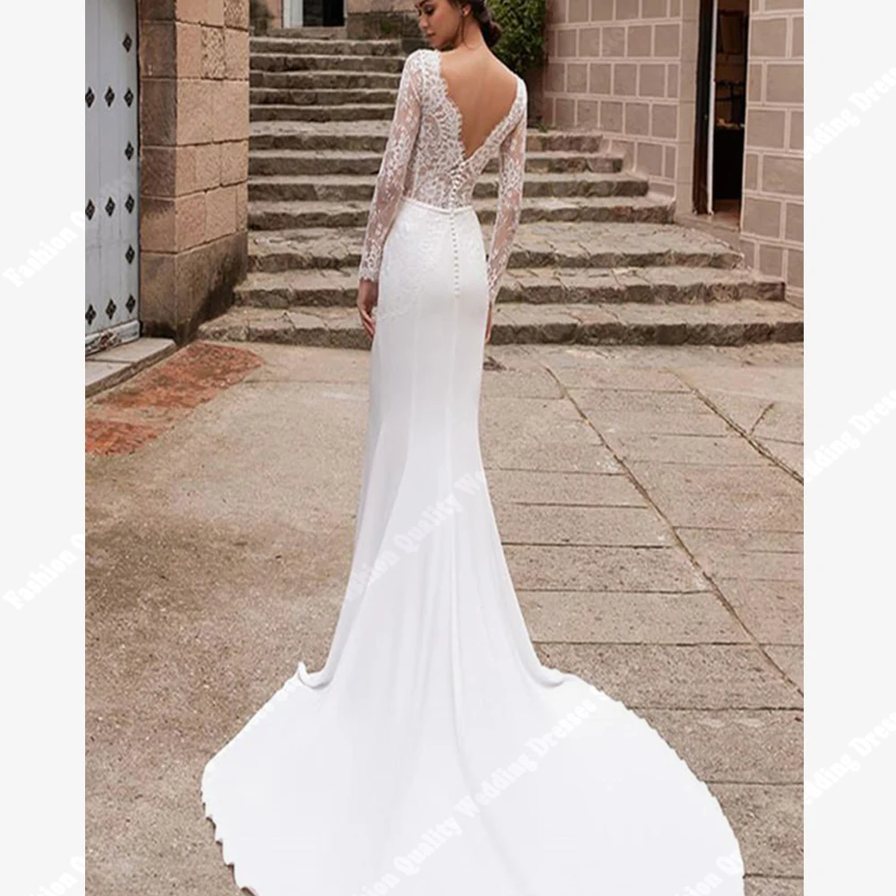 Elegante Satijnen Vrouwen Trouwjurken 2024 Kanten Lange Mouwen Zeemeermin Gewaden Kanten Bloemenprint Vestidos De Novias Estilo Boho Chic