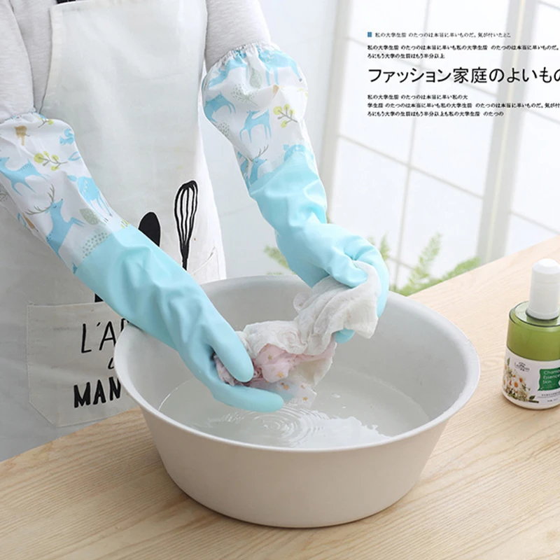 Dishwashing Gloves Single Layer Household Chore Splicing Sleeve Waterproof Gloves Plush Elastic Band Mouth Rubber Gloves