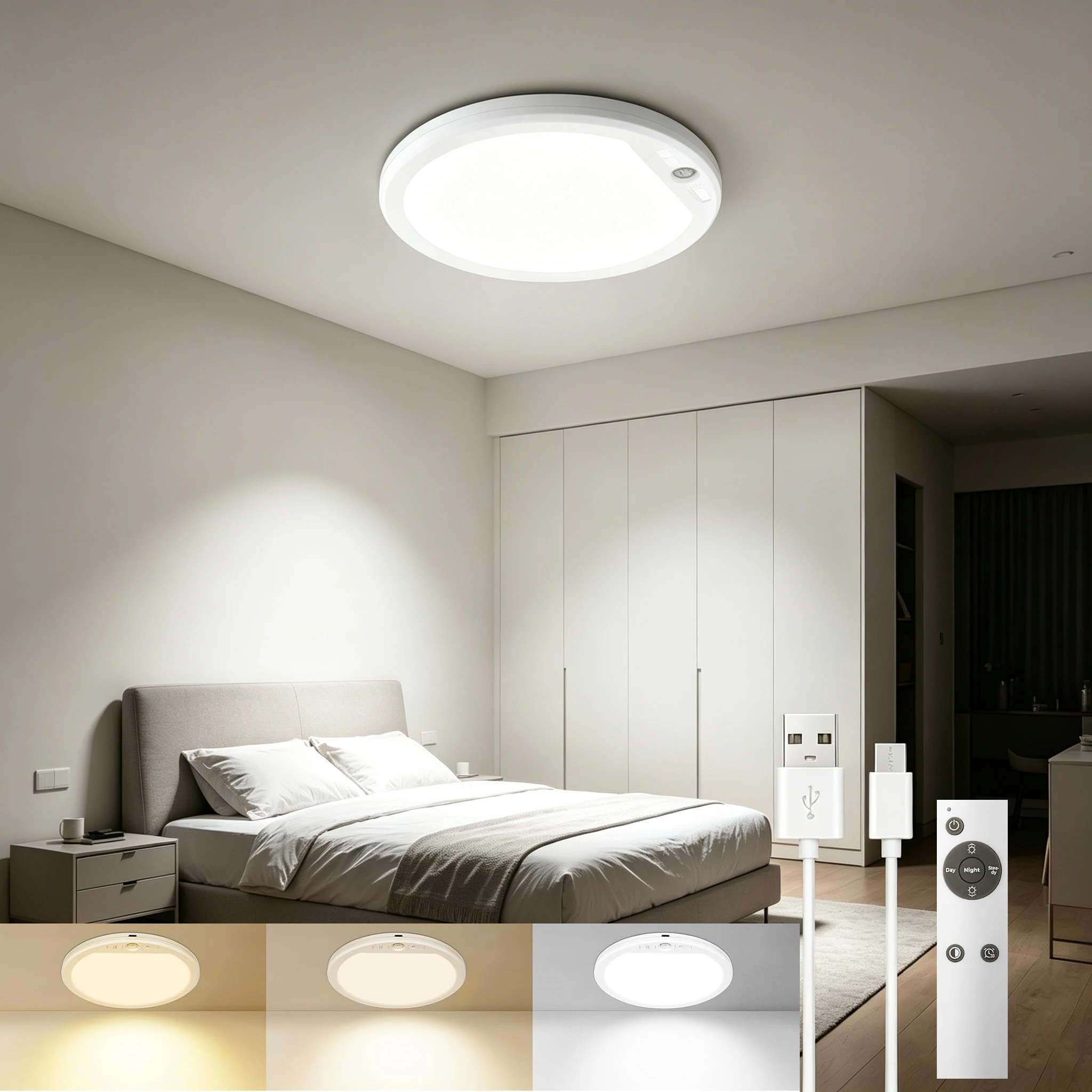 Rechargeable Motion Sensor Ceiling Light 3 Working Models 3000K-6000K Magnetic Wireless LED Ceiling Light with Remote Battery Powered for Closet Shower Stairs Shed Hallway Living Room