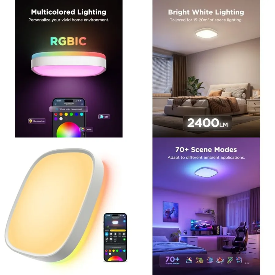 Smart Ceiling Light, RGBIC LED Ceiling Light Fixture Works with Matter, 2400LM Flush Mount Light Fixture, DIY Colors, 2700K-650