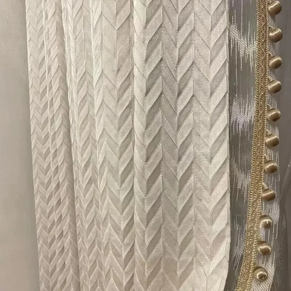 French Cream Chenille Curtains Finished High Precision Villa Living Room High Blackout Herringbone Pattern Curtain Fabric