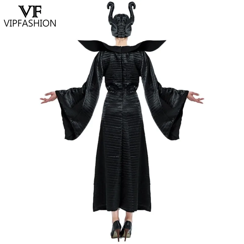 VIP FASHION أزياء الهالوين الشر شيطان الساحرة زي أسود فستان الحفلات التنكرية مع أغطية الرأس مرحلة الأداء الزي فستان القرون الوسطى #2