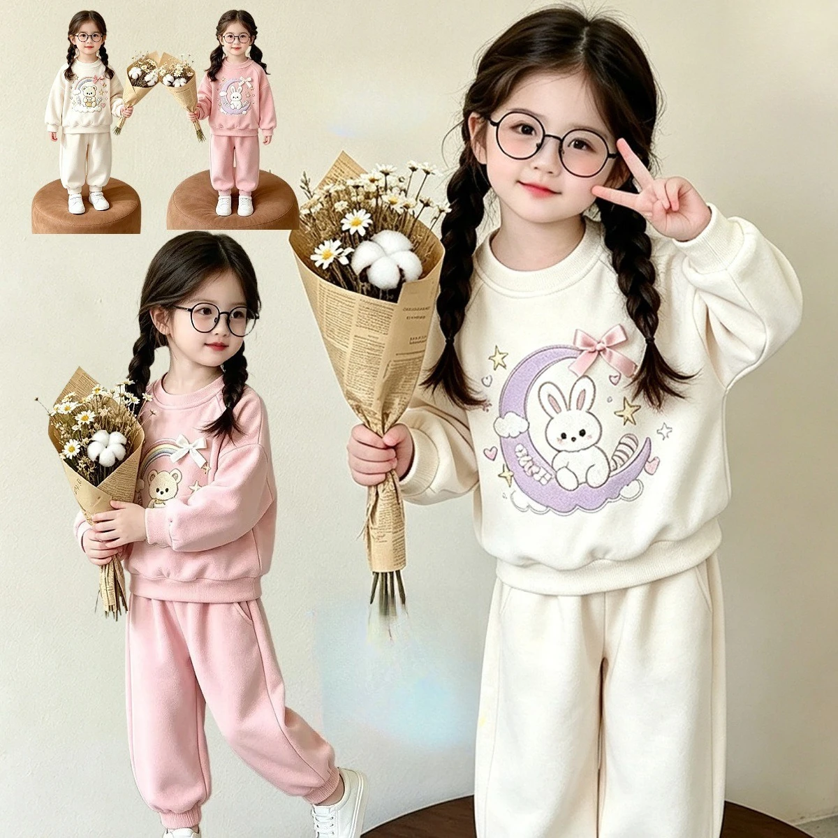Girls Spring Autumn Cartoon Sweatshirt Set – Bunny Print Top & Pants with Bow, Kids 2-Piece Casual Outfit