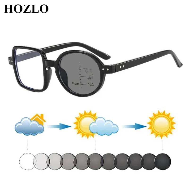 

Asymmetrical Photochromic Progressive Reading Sunglasses Women Men European American Square Round Rivet Retro Presbyopic Glasses