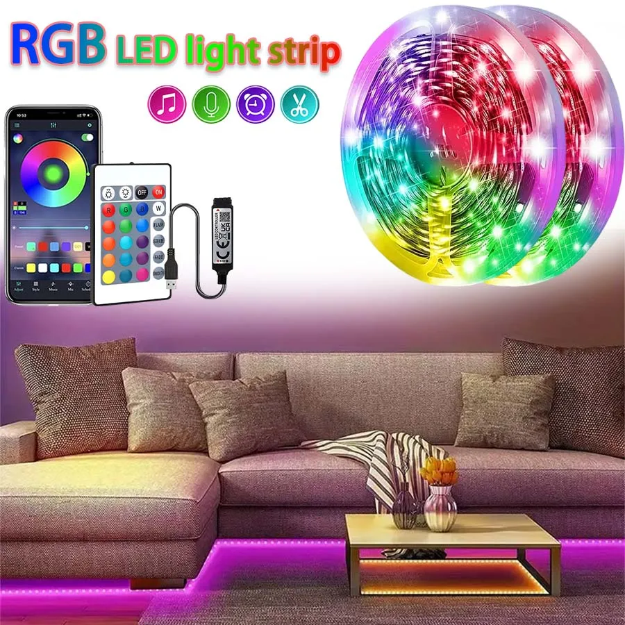 USB-powered LED strip light with 24-key remote control, app control, RGB color changing, suitable for home theaters and game roo