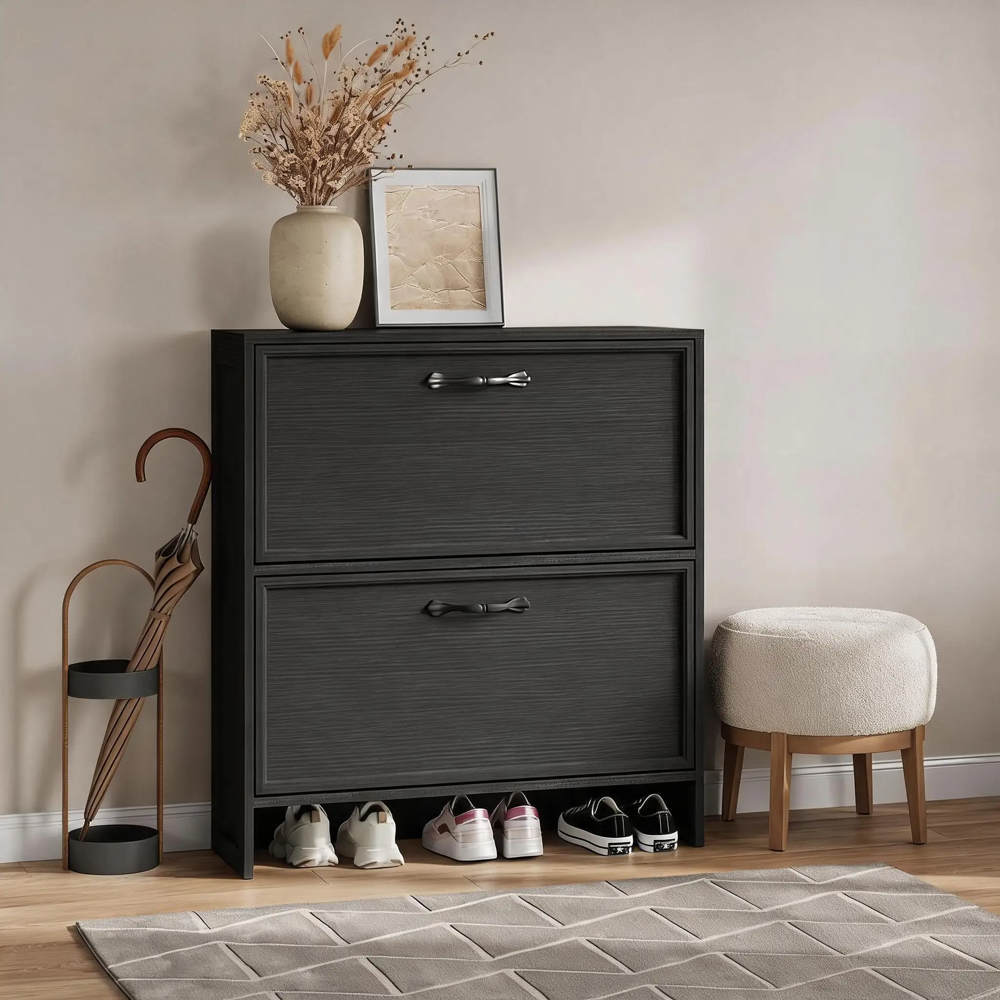2 Flip Drawer Shoe Cabinet With Adjustable Shelves Space-Saving Narrow Entryway Organizer For 10 Plus Pairs Of Shoes Hidden Storage For Hallways And Living Room
