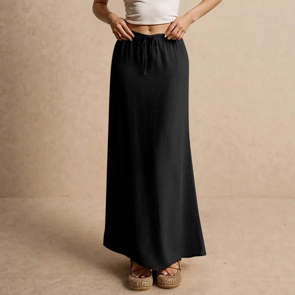 Women Maxi Skirt Mid-rise A-Line Drawstring Solid Color Long Skirt Easy To Match Lady Skirt Work Leisure Bodycon Women Clothing