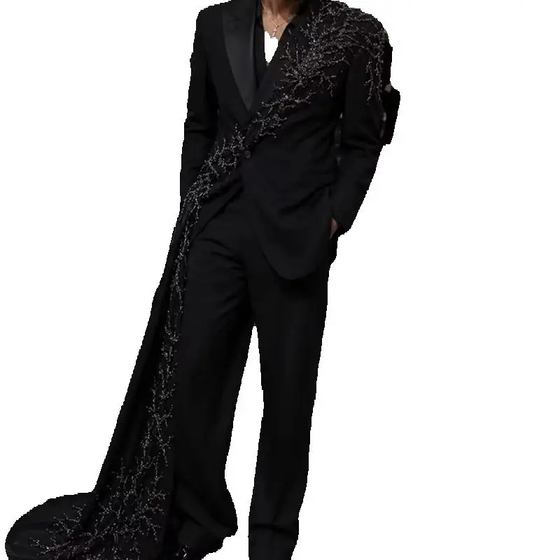 Designer Black Crystals Men Suit Set 2 Pcs Blazer+Pants Trousers Long Train Customized Formal Office Jacket Wedding Prom Coat