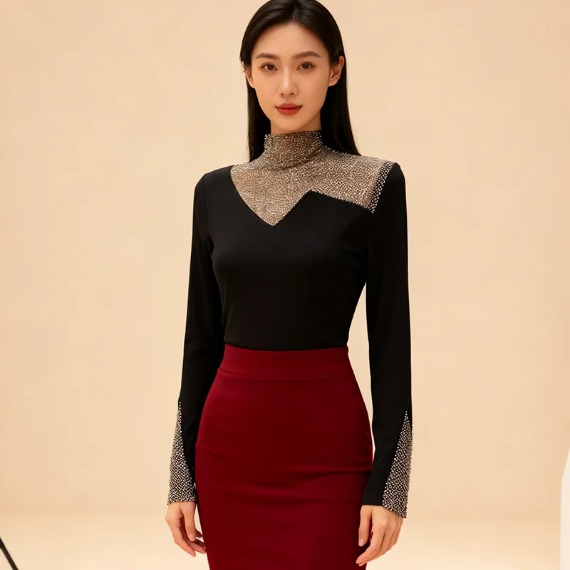 MadBlack-Mulher Europeia Escovada Camiseta, Sexy Mock Neck Diamond, Streetwear Manga Longa Slim S-3XL Tee, 2025 Inverno Novo T5D243CC