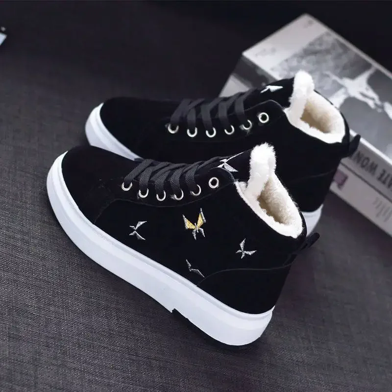 Trendy Women\'s Boots 2024 Winter New Solid Color Wedge Heel Warm Plush Sports Tie Short Tube Women\'s Vulcanized Zapatos Mujer