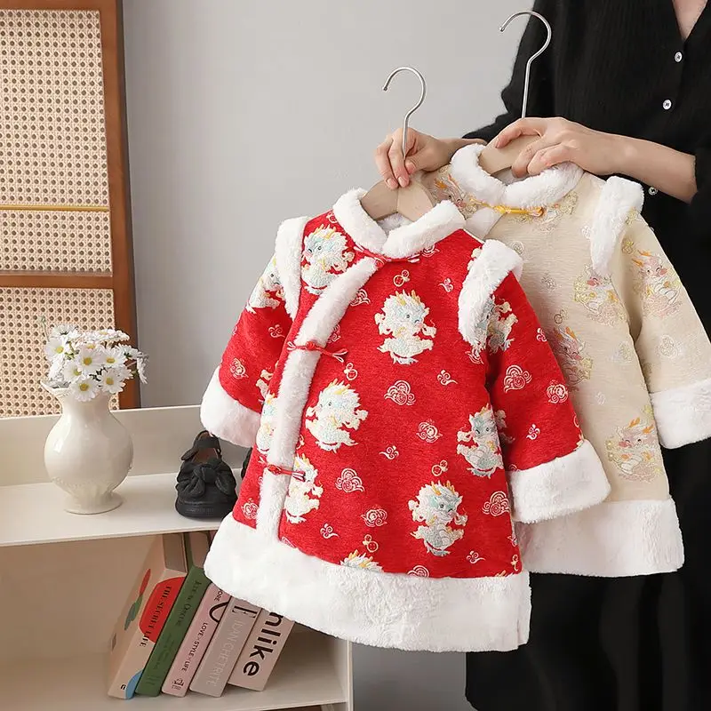 

Tang suit girls' New Year's dress autumn and winter children's baby plush thick Chinese style dress