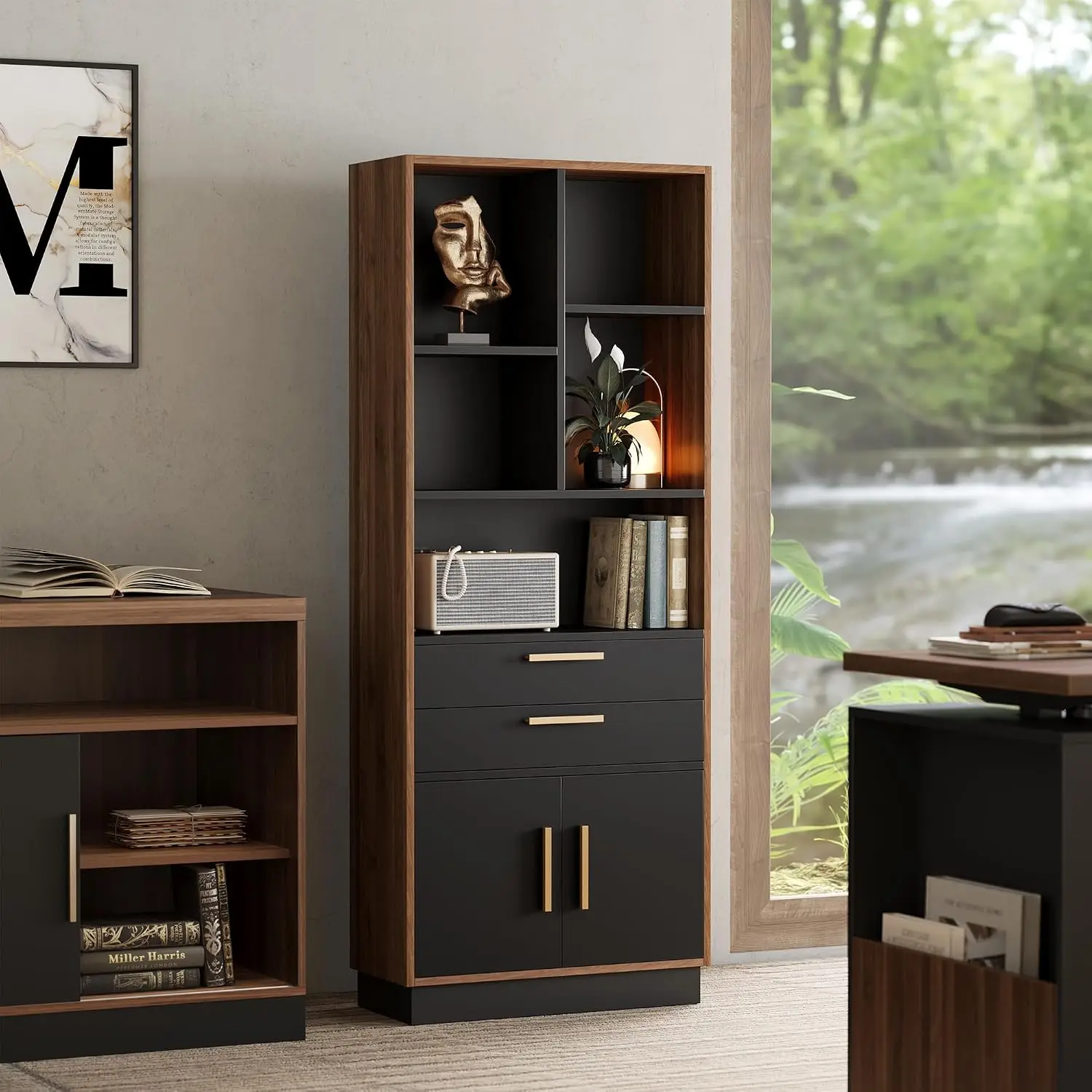 Tall Wooden Bookcase with 2 Drawers & Doors, 5 Storage Cubes for Home & Office, Living Room, Study, Black Walnut, Customized