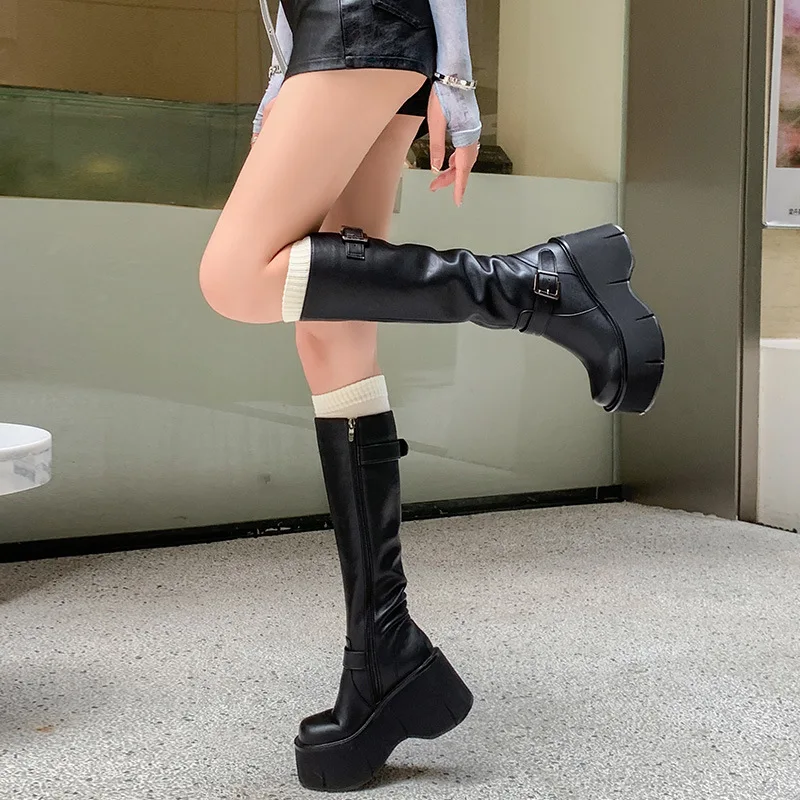 Classics Knee-High Boots Women Belt Buckle Side Zip Round Toe Wedge Platform Shoes Ladies Women's Shoes Basic Women's Boots35-40