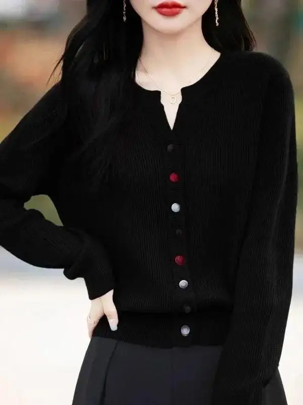 Women's Knitted Sweater Autumn Winter Short Sleeve Long Sleeve Cardigan Pure Color Button up Top Korean Style Loose Fit Knitwear