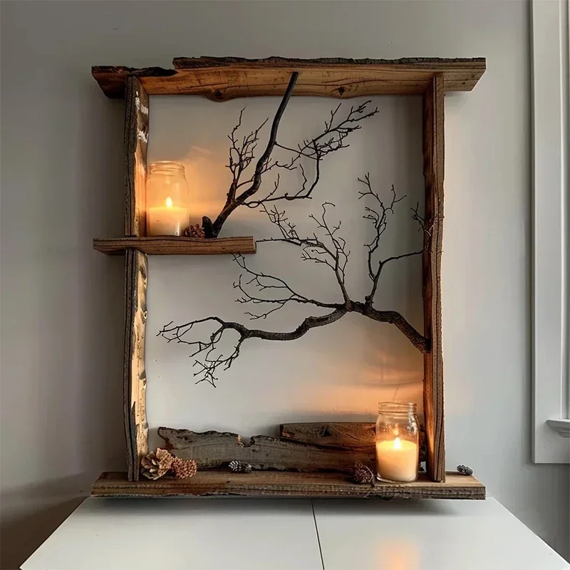 Wabi-sabi wind, all solid wood frame branch hanging painting, log branch decorative background painting