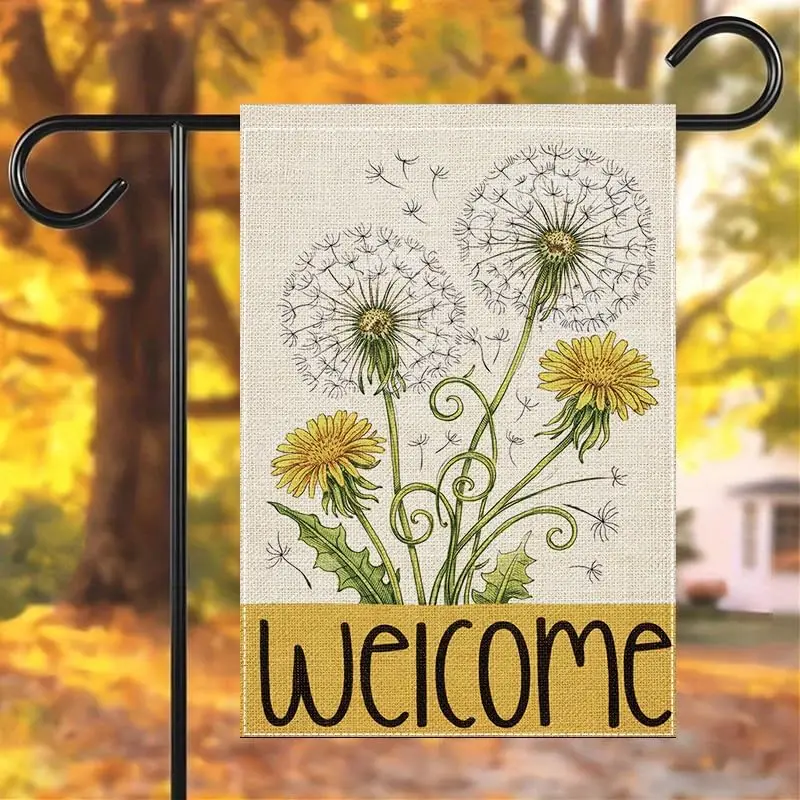 12x18 Inch Garden Flag, Welcome Spring Dandelion Blooms with Fluff, Yellow Flowers Outdoor Yard Decor, Fresh Home Porch Sign IIC